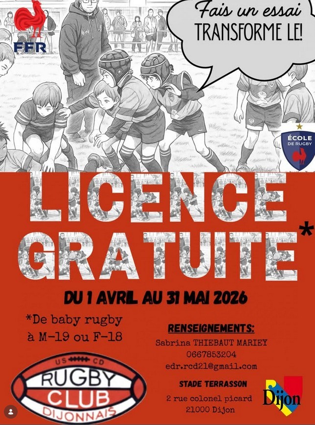 Rugby club dijonnais :  du 1/04 au 31/05/26 licence gratuite de baby rygby à M-19 ou F-18