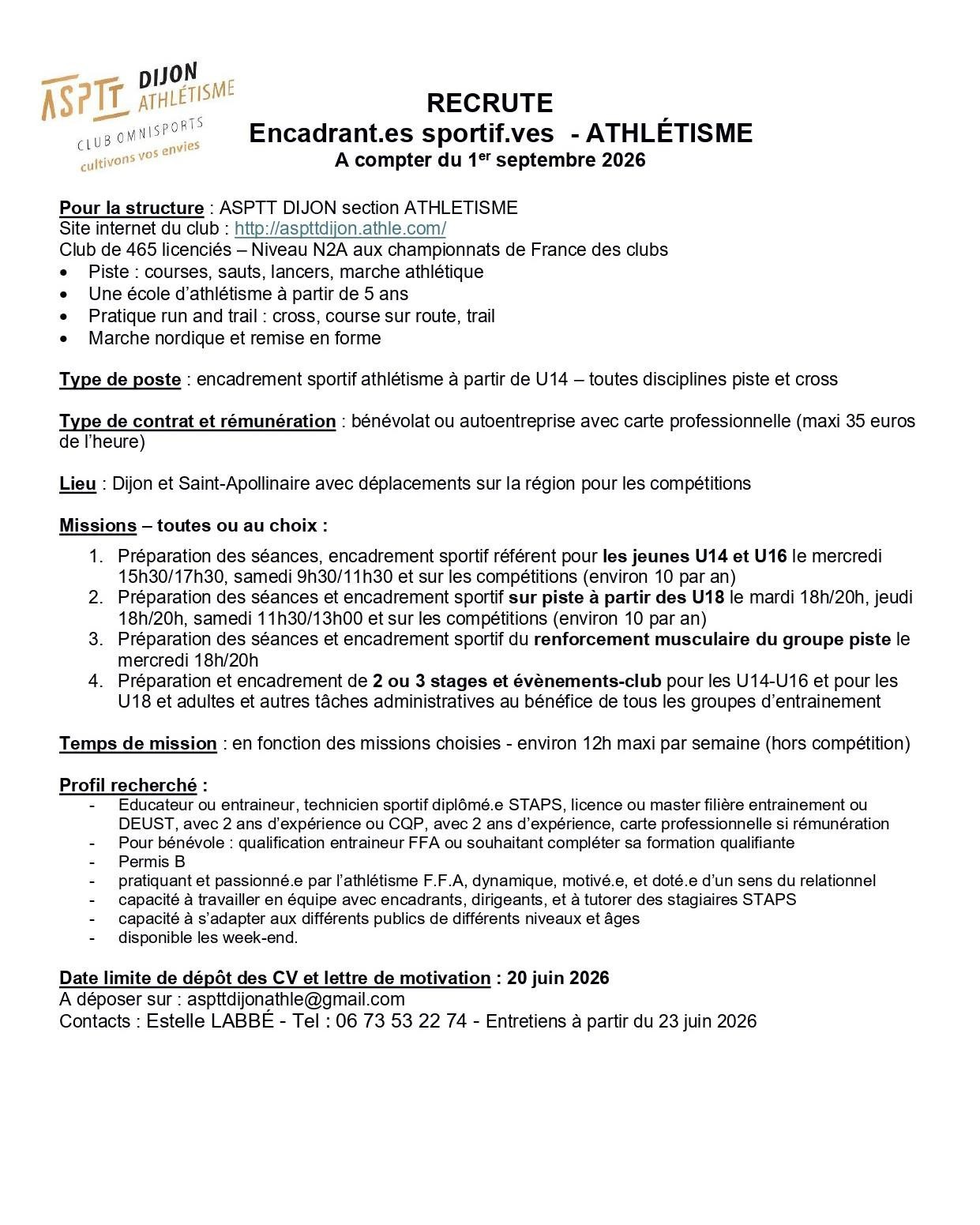L'ASPTT Dijon ATHLETISME recherche un(e) encadrant(e) sportif(ve)
