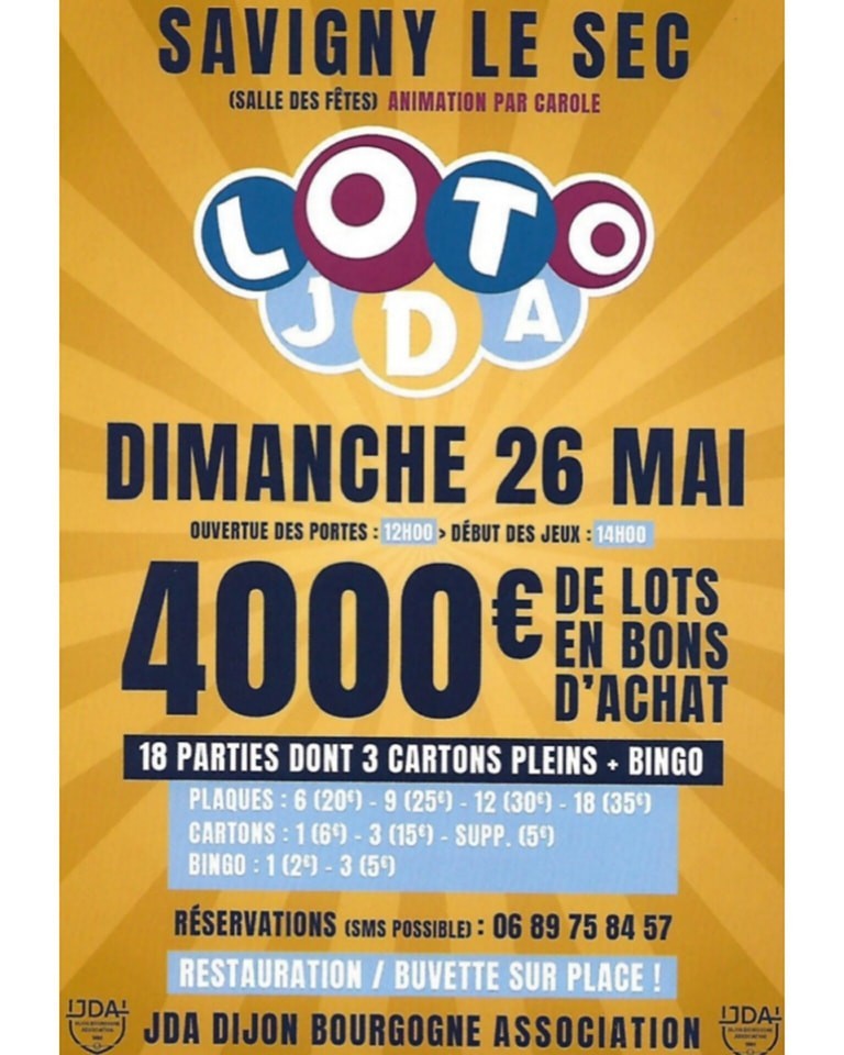 L'Association JDA Dijon Bourgogne organise son loto dimanche 26 mai à Savigny-le-Sec